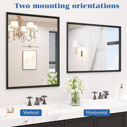 Bathroom Vanity Mirror 24x36 Inch, Matte Black Rectangle Bathroom Mirror, Anti-Rust, 4MM Tempered Glass, Wall-Mounted Mirror, Hangs Horizontally or Vertically for Bathroom & Bedroom