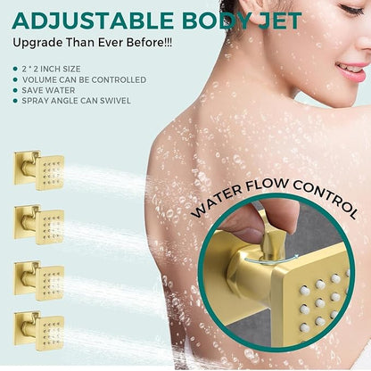Luxury Thermostatic Digital Dual Heads Shower System Brushed Gold Full Bdoy Spray Shower Faucet Set with 20x14in LED Rainfall Showerhead and 6in Wall Shower, 4 Body Jets with Shut-off, Brass Handheld