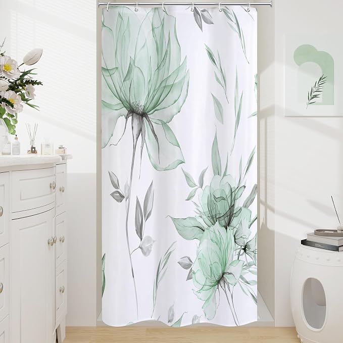 Litabel Small Stall Boho Watercolor Floral Shower Curtain 36 x 72, Green and Grey Ink Painting Style Flower Shower Curtains for Chic Elegant Bathroom, Artistic Narrow Half Size Shower Curtain