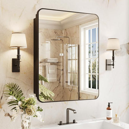 Medicine Cabinet Mirror 20x28 Inch, Black Bathroom Mirror Cabinet with Stepless Adjustable Shelves, Rounded Rectangle Metal Framed, Bathroom Mirror with Storage Recessed or Wall Mount