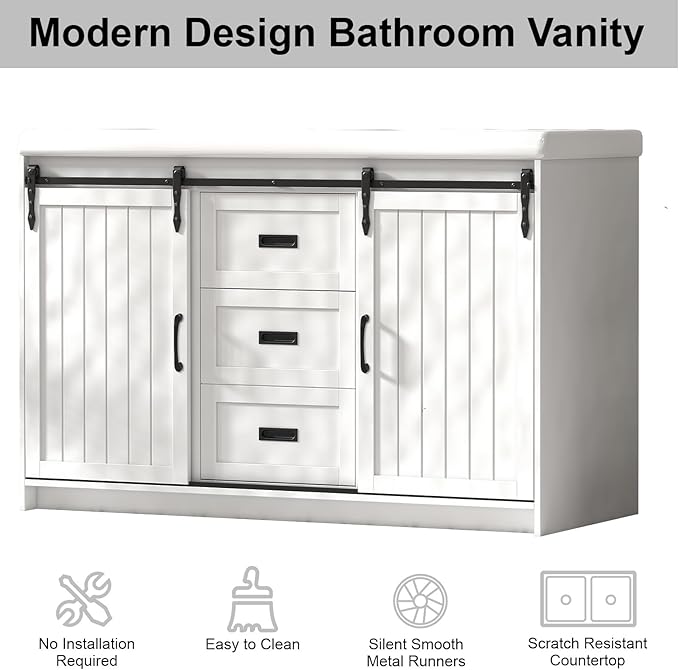 47'' Bathroom Sink Vanity Combo, Large Freestanding Double Bath Vanity Sink Set with 2 Drawers & 2 Sliding Doors, White Dual Basin Bathroom Storage Cabinet, White
