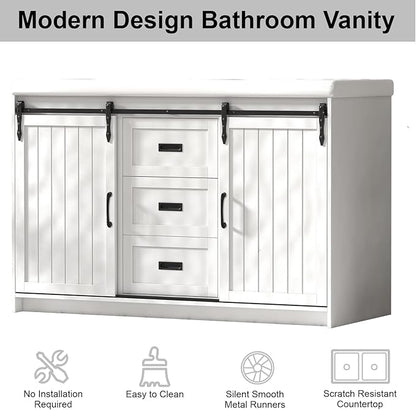 47'' Bathroom Sink Vanity Combo, Large Freestanding Double Bath Vanity Sink Set with 2 Drawers & 2 Sliding Doors, White Dual Basin Bathroom Storage Cabinet, White
