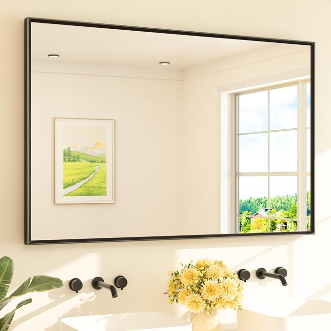 Black Bathroom Mirror for Over Sink 55" x 36" Large Matte Black Beveled Metal Framed Rectangular Vanity Mirror for Bathroom, Bedroom, Entryway, Living Room, Tempered Glass, Shatterproof
