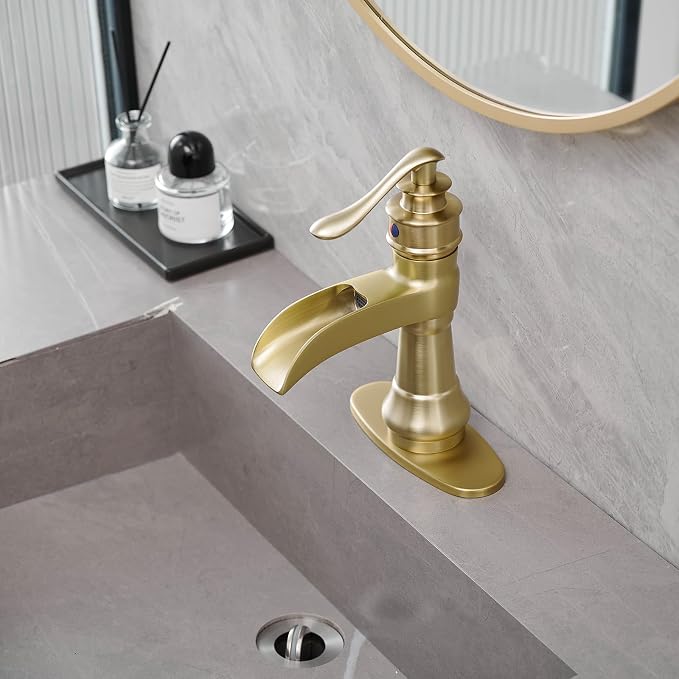 Brushed Gold Bathroom Sink Faucet Waterfall Single-Handle | Single Hole Deck Mounted, Includes Pop Up Drain with Overflow and Supply Lines, Farmhouse, Warm Luxury Metal Tone