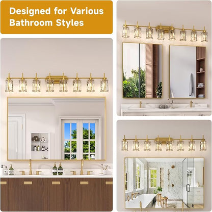 Hasipu Bathroom Vanity Light Fixtures, 8-Light Brushed Gold Vanity Wall Light Bar with Clear Glass Shade, Lighting Fixtures Over Mirror for Bathroom Bedroom Living Room Hallway Cabinet Porch