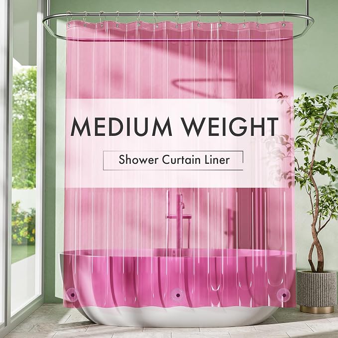 Shower Curtain Liner 72x72, Plastic Shower Liner PEVA Medium Weight Inside Shower Curtains for Bathroom with Rustproof Grommets, Clear Pink
