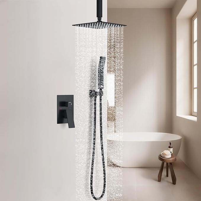 SunCleanse Rainfall Shower Faucet Set with High Pressure in Matte Black | Ceiling mounted shower combo set featuring a 10" rainfall shower head, handheld spray, and rough-in shower valve.