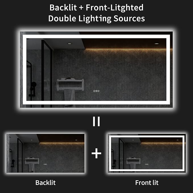 LOAAO 72"X36" LED Bathroom Mirror with Lights, UL Listed | Anti-Fog, Dimmable, 3 Color Temperature, Backlit + Front Lit, Memory Function, Tempered Glass