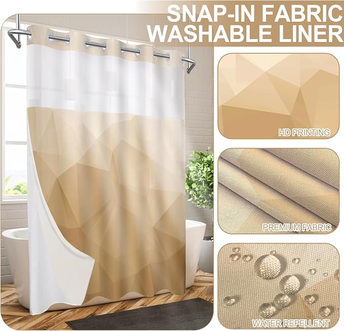 No Hook Shower Curtain with Snap in Liner Set, Beige, 71x86 | Waterproof Fabric for Bathroom, Modern Hotel Style Ombre Design, Mesh Top Window, Machine Washable, Quick Install