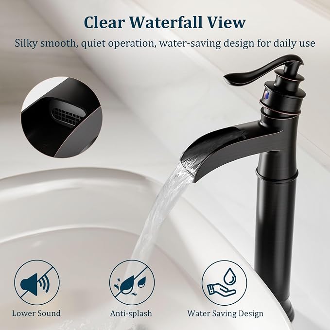 Bathroom Vessel Sink Faucet Waterfall Single Handle Single Hole | Oil Rubbed Bronze,Brass,Pop Up Drain without Overflow,Supply Line,Easy to Clean,Easy Installation,Rust Resistant,Minimalist