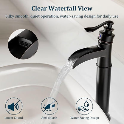 Bathroom Vessel Sink Faucet Waterfall Single Handle Single Hole | Oil Rubbed Bronze,Brass,Pop Up Drain without Overflow,Supply Line,Easy to Clean,Easy Installation,Rust Resistant,Minimalist