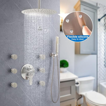 16inch Ceiling Mount Shower System High Pressure Shower Head System With Body Spray And Handheld Shower Combo Set For Bathroom (Brushed Nickel)