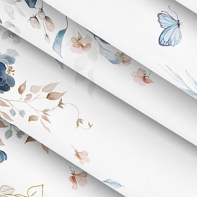 Pink Floral Butterfly Shower Curtain Blue and Gold Flower Design Country Botanical Nature Bathroom Decor with Hooks, 60 x 72 Inch