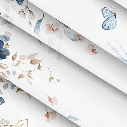 Pink Floral Butterfly Shower Curtain Blue and Gold Flower Design Country Botanical Nature Bathroom Decor with Hooks, 60 x 72 Inch