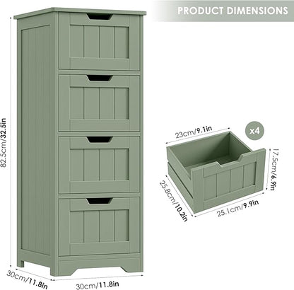 FOTOSOK Bathroom Storage Cabinet Set of 2, Bathroom Cabinet with 4 Drawers, 11.8” x 11.8” x 32.5” Freestanding Entryway Cupboard Storage Organizer Unit Home Furniture Decor, Green