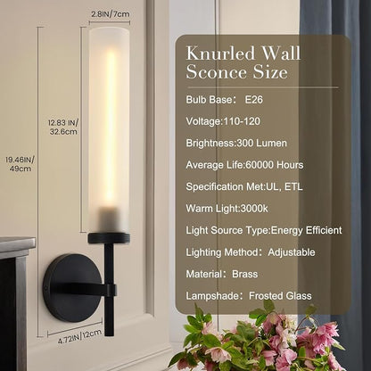Modern Hardwired Frosted Glass Bathroom Black Wall Sconce, Handmade Knurled Wall Light Fixture,Vanity Light for Living Room,Hallway, Bedroom, 20" Indoor Wall Lamp, Bulb Included