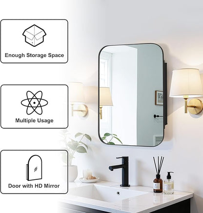 Casaphoria 24" H x 16" W Bathroom Medicine Cabinet with Mirror, Metal Frame Wall Medicine Cabinets Mirrors, Wall Mirror Cabinet Black