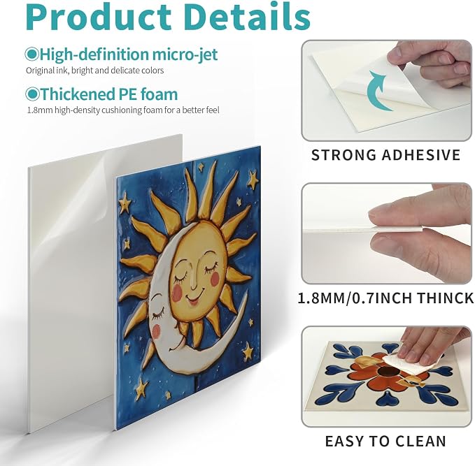 6X6 in Tile Decals Stick on Backsplash for Kitchen Wall,12Pcs | 1.6mm-FOAM+PE Tile Stickers,Sun/Moon Pattern Mexican Tiles for Bathroom,Cabinets,RVs