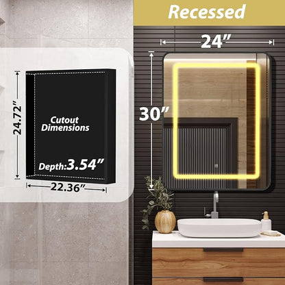 APRILSOUL 24x30 Inch Lighted Bathroom Medicine Cabinet with Mirror, Black Recessed or Surface Mount Medicine Cabinet Mirror with Storage and LED Lights, 3 Colors Temperature, Dimmable Light