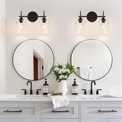 2-Light Bathroom Light Fixtures, Black Vanity Lights for Bathroom with Clear Glass, Bathroom Lighting Fixtures Over Mirror, Modern Wall lamp for Cabinet Hallway