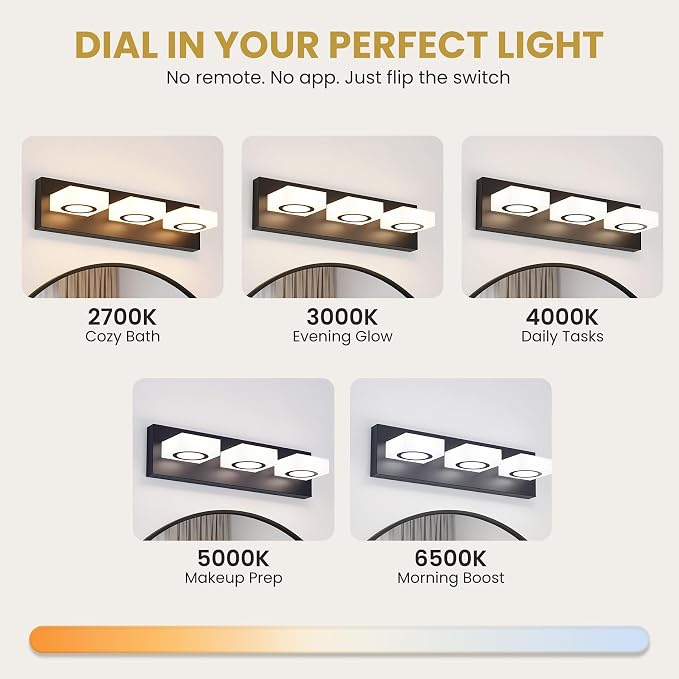 Bathroom Vanity Light, 3-Light 16 Inch Matte Black 5CCT 2700-6500K LED Bathroom Light Fixtures Over Mirror, Vanity Lighting Modern Bath Wall Sconce for Mirror Bedroom Living Room
