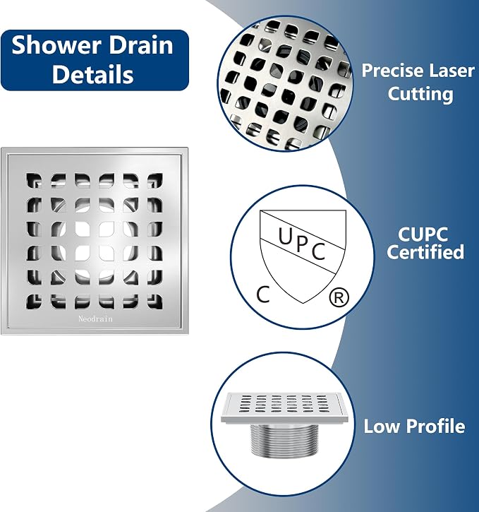 Neodrain 4 in Brushed Square Shower Drain w/Removable Grate &Drain Key | 304 Stainless Steel Shower Drain, ABS Bonding Flange Base for Low Profile Shower Pan, CUPC Certified