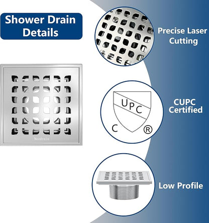 Neodrain 4 in Brushed Square Shower Drain w/Removable Grate &Drain Key | 304 Stainless Steel Shower Drain, ABS Bonding Flange Base for Low Profile Shower Pan, CUPC Certified
