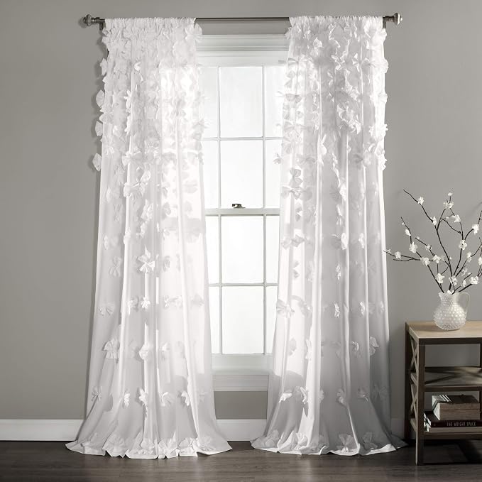 Lush Decor Riley Light Filtering Window Curtain Panel, Single 54" W x 108" L, White - Cute White Curtains for Bedroom - Bow Decor - Coquette Curtains for Windows