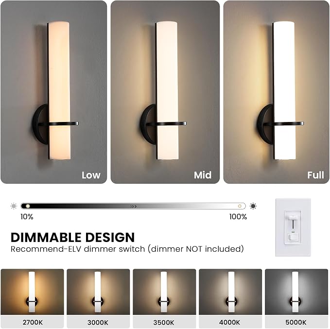 Black Wall Sconces Set of 2, 15-inch Bathroom Sconces 5CCT LED Dimmable Modern Wall Lights for Bedroom Living Room Hallway (Hardwired)