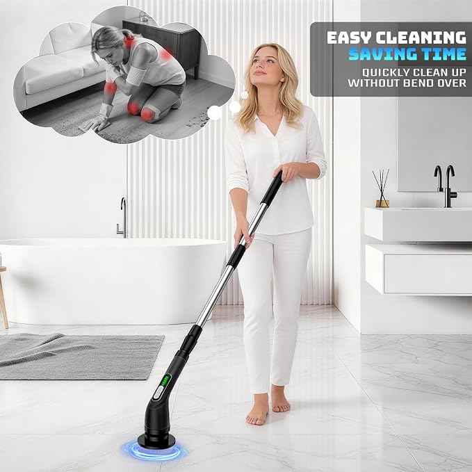 Electric Spin Scrubber, 2-Speed Cleaning Brush, Extendable Handle (Black) | Includes 7 reusable brush heads and an IPX7-rated design for cleaning bathrooms, showers, kitchens, tile, floors, and grout