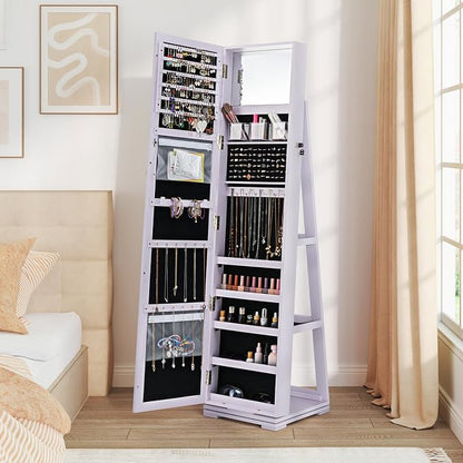 GOFLAME 360° Rotating Jewelry Armoire, Lockable Jewelry Cabinet with Full-Length Mirror & Inner Makeup Mirror, Standing Jewelry Storage Organizer with Rear Storage Shelves, Lavender