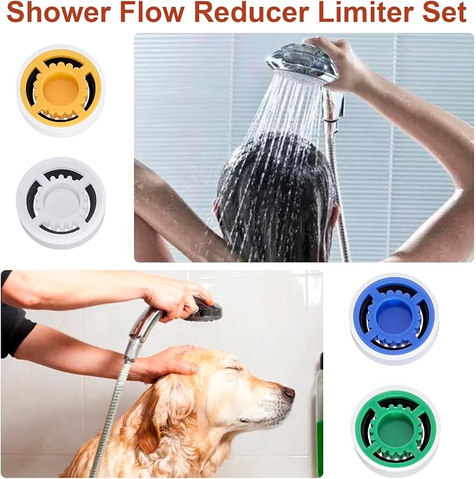 4pcs Shower Head Flow Restrictor, 1.5/1.8/2.0/2.5 GPM | Shower Head Water Saver, Plastic, 0.56 0.54 0.21 in, Universal Size, 14mm Connector