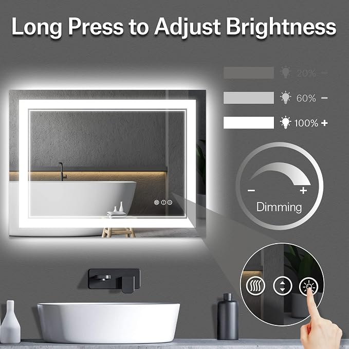 48x36 Inch LED Bathroom Mirror with Lights | Front and Backlit, 3 Colors, Dimmable, Memory, Anti Fog, Shatterproof, Horizontal/Vertical, Lighted Mirrors for Bathroom Wall