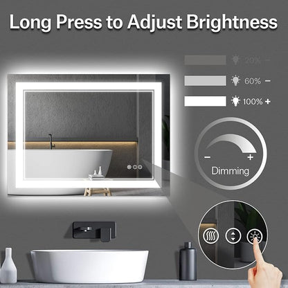 48x36 Inch LED Bathroom Mirror with Lights | Front and Backlit, 3 Colors, Dimmable, Memory, Anti Fog, Shatterproof, Horizontal/Vertical, Lighted Mirrors for Bathroom Wall
