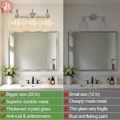 3-Light Bathroom Light Fixtures, 20" Vanity Light Over Mirror with Ribbed Clear Tulip Glass Shades, Brushed Nickel Wall Lights for Bathroom, Bedroom, Living Room, Hallway (Bulb Not Included)