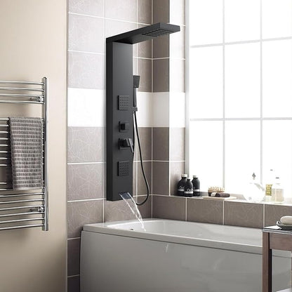 ROVOGO Shower Panel Tower System with High Pressure Shower Head, Body Jets, Handheld and Tub Spout, 46.5"H x 7.8"W Shower Column Stainless Steel with Mixer Valve, Black