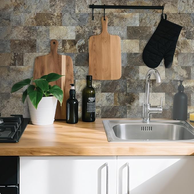 AULIGET 100-Piece Beige & Brown Slate Peel and Stick Backsplash Wall Tiles, 3" x 6" PVC Faux Stone Stick on Tile for Backsplash Kitchen, Bathroom, Laundry Room, Camper, Fireplace