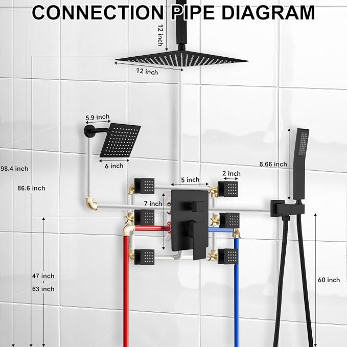 Shower System Matte Black Dual Shower Head with Body Jets, Oupukle Four Modes Shower Faucet Set Ceiling Mount 12" Rain Shower Head & 6" Wall Mounted Head with 6PCS Body Jets