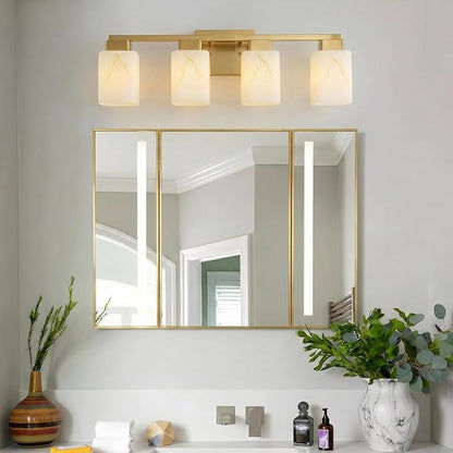 4-Light Square Bathroom Light Fixture, Gold Modern Vanity Light with White Marble Glass Shade, for Bathroom Mirror, Living Room, Bedroom, Hallway, E26 Base