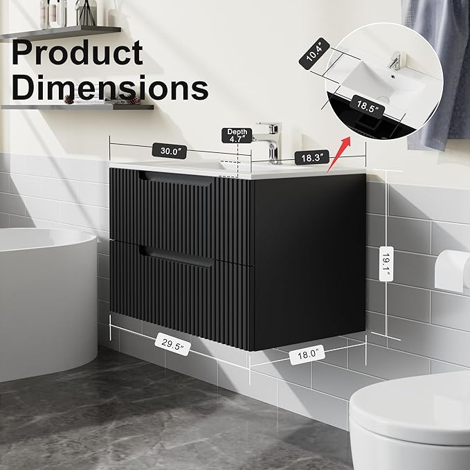 30 inch Wall Mounted Bathroom Vanity with Sink Floating Bathroom Cabinet Sink Combo, Soft-Close System, 2 Extra Big Drawers, Black
