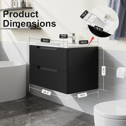 30 inch Wall Mounted Bathroom Vanity with Sink Floating Bathroom Cabinet Sink Combo, Soft-Close System, 2 Extra Big Drawers, Black