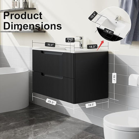 30 inch Wall Mounted Bathroom Vanity with Sink Floating Bathroom Cabinet Sink Combo, Soft-Close System, 2 Extra Big Drawers, Black
