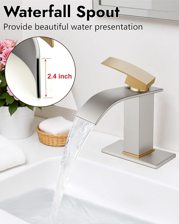 Midanya Bathroom Faucet with Waterfall Spout, Single Hole or 3-Hole Deck Mount, 304 Stainless Steel Sink Faucet with Pop-Up Drain, RV Vanity Compatible,Brushed Gold Handle/Brushed Nickel
