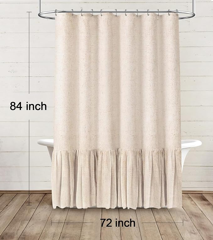 Farmhouse Shower Curtain Ruffle Linen Beige 72" W x 84" L | Linen Fabric, Farmhouse Boho, Bottom Ruffle, Rustic, Country, Natural Look, Washable, Shower Curtain for Bathroom Bathtub