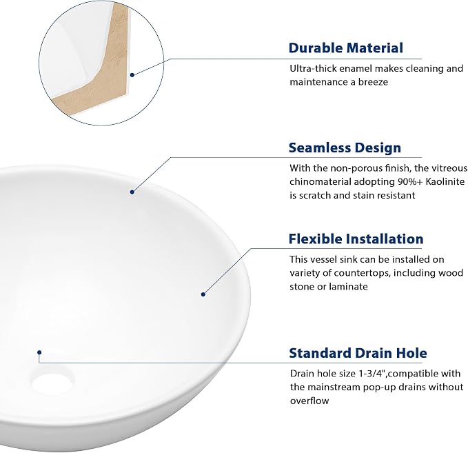 Sarlai Vessel Sink Round - 16"x16" Modern Round Bowl Above Counter White Porcelain Ceramic Bathroom Vessel Vanity Sink Art Basin