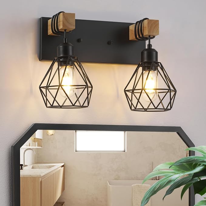 maesta 3 Light Bathroom Vanity Light, Farmhouse Black Fixture Over Mirror | Farmhouse Bathroom Light Fixtures, Wood & Metal, Anti-Rust, Easy to Install for Rustic Bathroom Hallway