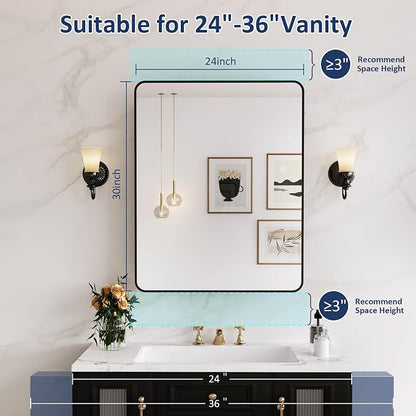 Medicine Cabinet Mirror 24x30 Inch, Black Bathroom Mirror Cabinet with Stepless Adjustable Shelves, Rounded Rectangle Metal Framed, Bathroom Mirror with Storage Recessed or Wall Mount