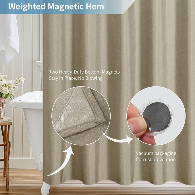 Extra Long Fabric Shower Curtain with Waterproof Layer,72x84,Khaki | 2-in-1 Design,Linen Textured,100% Waterproof TPU-Laminated Backing,Magnetic Weighted,Machine Washable,For Bathroom,Hotel