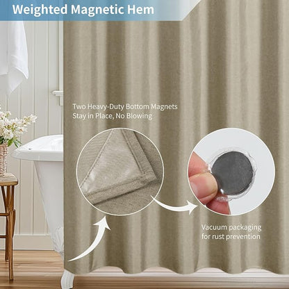 Extra Long Fabric Shower Curtain with Waterproof Layer,72x84,Khaki | 2-in-1 Design,Linen Textured,100% Waterproof TPU-Laminated Backing,Magnetic Weighted,Machine Washable,For Bathroom,Hotel
