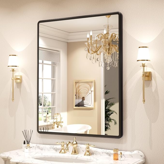 pertetey 24 x 36 in Rounded Rectangle Bathroom Mirror | Black Metal Frame, Tempered Glass, Wall Mounted